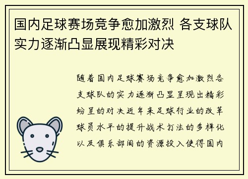 国内足球赛场竞争愈加激烈 各支球队实力逐渐凸显展现精彩对决