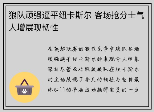 狼队顽强逼平纽卡斯尔 客场抢分士气大增展现韧性